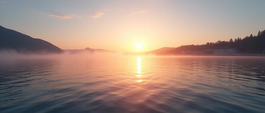 Stille fjordvann i soloppgang sett fra en fiskebåt i Oslo